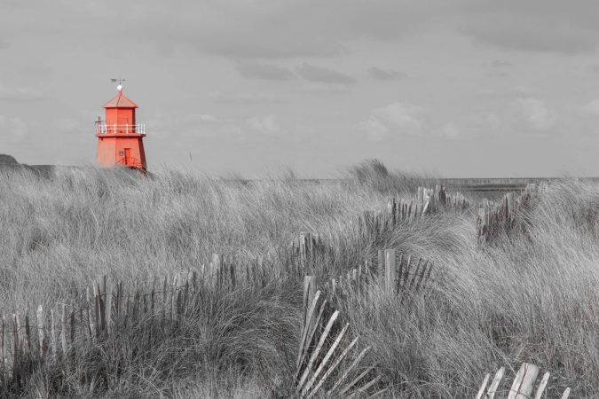Lighthouse highlighted red, South Shields